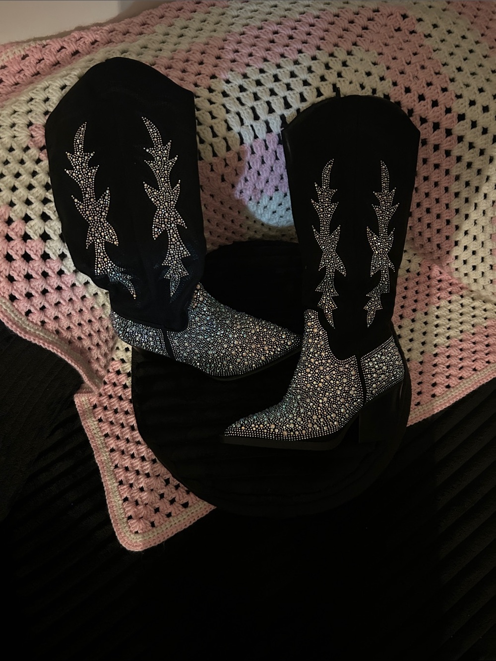Black Crystal Embellished Cowboy Boots